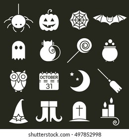 Halloween flat icons set. Black holiday pictograms collection of spider, cat, bat, web, ghost, pumpkin, candy, potion, owl, calendar, moon, broom, boots, hat, candle, tombstone. Vector illustration.