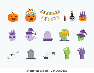 Halloween flat icons set. Halloween spirit fire element icon symbols and objects collection. Vector Illustration.