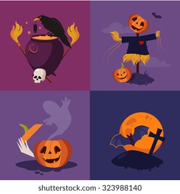 Halloween flat icons with a skull, cemetery, cauldron, pumpkin, scarecrow and raven vector illustration set