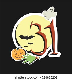 halloween flat illustration. 31 october holiday. spooky ghost, pumpkin and bats 