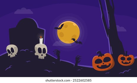 Fondo plano de la ilustración de Halloween con la calabaza, el murciélago y el cráneo. Ilustración de fondo plano de Halloween en el cielo púrpura con luna llena