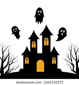 Halloween flat illustration with ghosts and castle