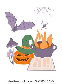 Halloween flat illustration with hand drawn spooky elements. Bat, scary pumpkin, witch hat, cauldron, book with spider web. Spooky design for Halloween isolated on white background