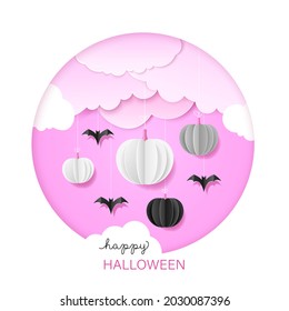 Halloween flat illustration. Paper cut pumpkin and bats on a pink background