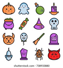 Halloween flat line icons collection. Simple vector elements in cartoon simple style for holiday celebration.