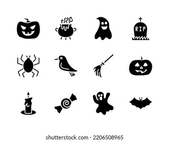 Halloween flat line icons set. Horror symbols - Pumpkin, Ghost, Bat, Grave, Candy. Simple flat vector illustration for web site or mobile app.