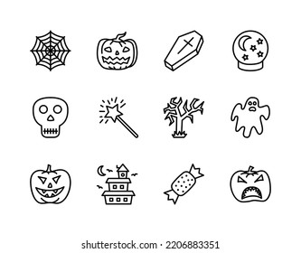 Halloween flat line icons set. Horror symbols - Pumpkin, Ghost, Bat, Grave, Candy. Simple flat vector illustration for web site or mobile app.