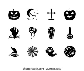 Halloween flat line icons set. Horror symbols - Pumpkin, Ghost, Bat, Grave, Candy. Simple flat vector illustration for web site or mobile app.