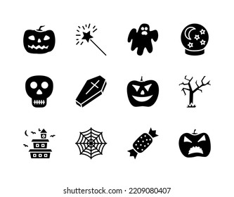 Halloween flat line icons set. Horror symbols - Pumpkin, Ghost, Bat, Grave, Candy. Simple flat vector illustration for web site or mobile app.