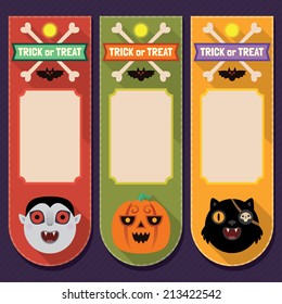 Halloween flat long shadow price tags with vampire, pumpkin and black cat. Vector trendy set 2.