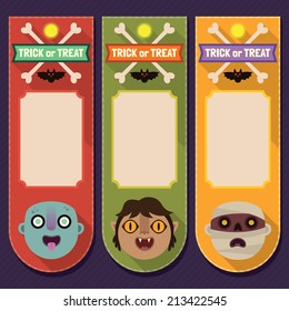 Halloween flat long shadow price tags with zombie, werewolf and mummy. Vector trendy set 1.