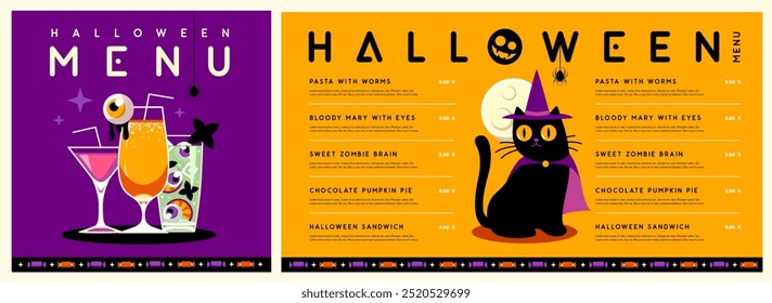 Halloween flat menu design with black cat and cocktails or magic potions. Halloween spooky background. Vector illustration