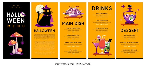 Diseño de menú plano de Halloween con gato negro, cócteles, pociones mágicas y mosca agárica. Fondo espeluznante de Halloween. Ilustración vectorial