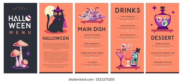 Diseño de menú plano de Halloween con gato negro, cócteles, pociones mágicas y mosca agárica. Fondo espeluznante de Halloween. Ilustración vectorial