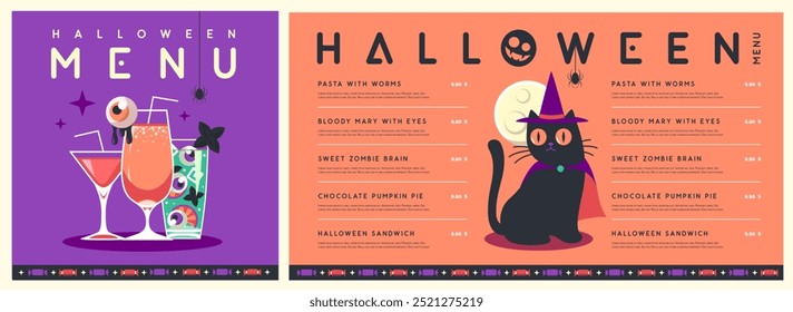 Diseño de menú plano de Halloween con gato negro y cócteles o pociones mágicas. Fondo espeluznante de Halloween. Ilustración vectorial