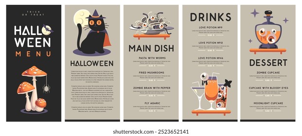 Halloween-Flatmenu-Design mit schwarzer Katze, Cocktails, Zaubertränken und Fliegenagarik. Halloween unheimlicher Hintergrund. Vektorgrafik