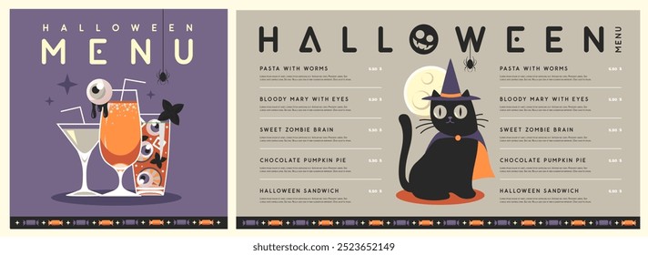 Halloween flat menu design with black cat and cocktails or magic potions. Halloween spooky background. Vector illustration