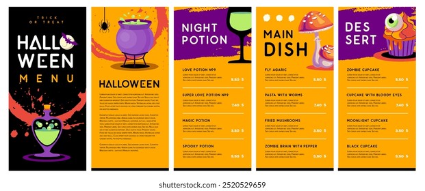 Halloween flat menu design with cauldron, cupcake, magic potion and fly agaric. Halloween spooky background. Vector illustration