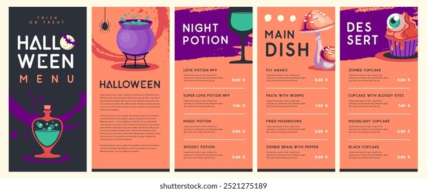 Halloween flat menu design with cauldron, cupcake, magic potion and fly agaric. Halloween spooky background. Vector illustration