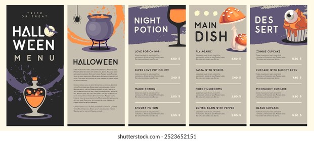 Halloween flat menu design with cauldron, cupcake, magic potion and fly agaric. Halloween spooky background. Vector illustration