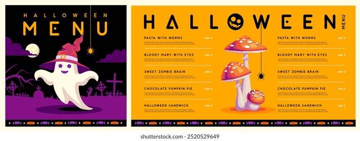 Halloween flat menu design with ghost in witch hat and fly agaric. Halloween spooky background. Vector illustration