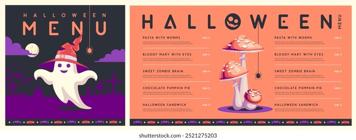 Halloween flat menu design with ghost in witch hat and fly agaric. Halloween spooky background. Vector illustration