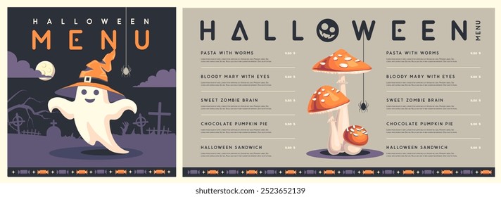 Halloween flat menu design with ghost in witch hat and fly agaric. Halloween spooky background. Vector illustration