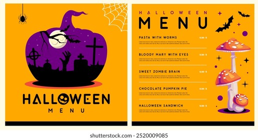 Halloween flat menu design with pumpking silhouette and fly agaric. Halloween spooky background. Vector illustration