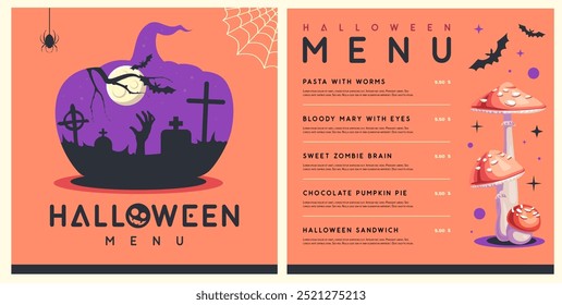 Halloween flat menu design with pumpking silhouette and fly agaric. Halloween spooky background. Vector illustration