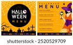 Halloween flat menu design with young witch in hat and magic potion. Halloween spooky background. Vector illustration