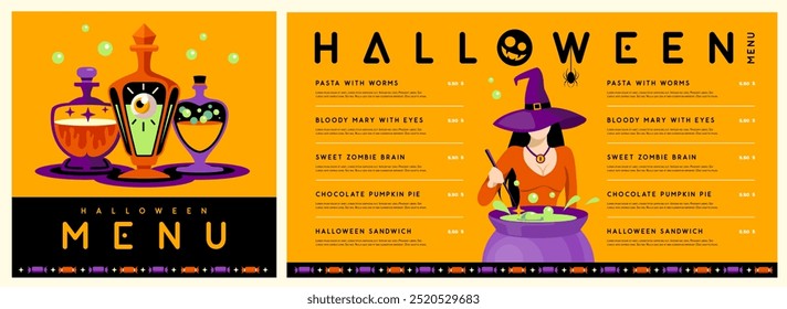 Diseño de menú plano de Halloween con bruja joven en sombrero y pociones mágicas. Fondo espeluznante de Halloween. Ilustración vectorial