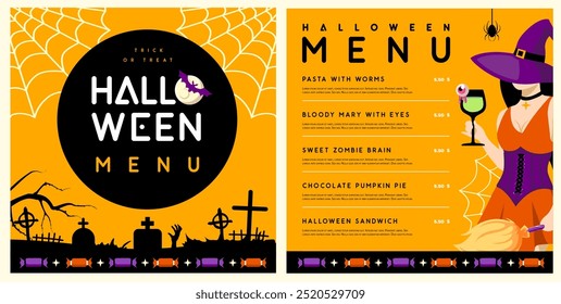 Halloween flat menu design with young witch in hat and magic potion. Halloween spooky background. Vector illustration