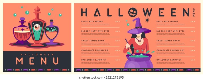 Diseño de menú plano de Halloween con bruja joven en sombrero y pociones mágicas. Fondo espeluznante de Halloween. Ilustración vectorial