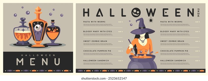 Diseño de menú plano de Halloween con bruja joven en sombrero y pociones mágicas. Fondo espeluznante de Halloween. Ilustración vectorial