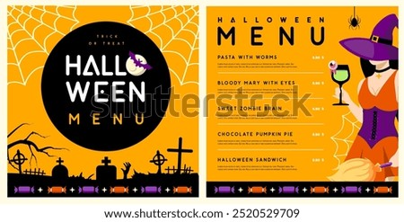 Halloween flat menu design with young witch in hat and magic potion. Halloween spooky background. Vector illustration