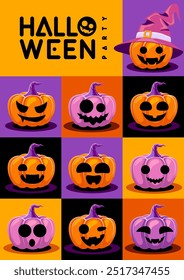 Halloween  flat party poster with cartoon smiling halloween pumpkins. Halloween spooky background. Vector illustration