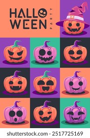 Halloween  flat party poster with cartoon smiling halloween pumpkins. Halloween spooky background. Vector illustration