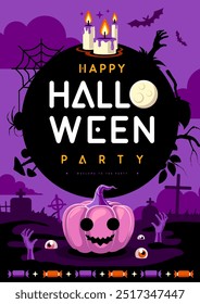 Cartaz de festa plana de Halloween com cemitério, lua cheia, velas, abóbora de halloween e mãos zumbis. Dia das Bruxas fundo assustador. Ilustração vetorial