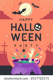 Cartaz de festa plana de Halloween com cemitério, lua cheia, morcego, poção mágica e mão zumbi. Dia das Bruxas fundo assustador. Ilustração vetorial