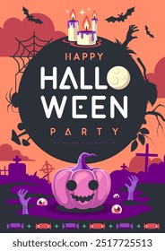 Afiche de fiesta plana de Halloween con cementerio, luna llena, velas, calabaza de halloween y manos zombi. Fondo espeluznante de Halloween. Ilustración vectorial