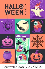 Halloween  flat party poster with cocktail, full moon, bat, halloween pumpkin, spider, ghost and bat. Halloween spooky background. Vector illustration