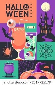 Halloween  flat party poster with cocktail, full moon, bat, halloween pumpkin, spider and bat. Halloween spooky background. Vector illustration