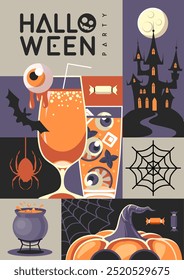 Halloween  flat party poster with cocktail, full moon, bat, halloween pumpkin, spider and bat. Halloween spooky background. Vector illustration