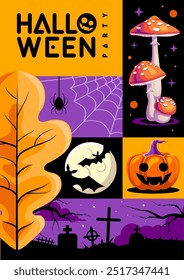 Cartaz de festa plana de Halloween com ágar de mosca, lua cheia, morcego, abóbora de halloween, aranha e cemitério. Dia das Bruxas fundo assustador. Ilustração vetorial