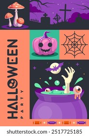 Cartaz de festa plana de Halloween com mosca agárica, lua cheia, morcego, abóbora de halloween, poção mágica e cemitério. Dia das Bruxas fundo assustador. Ilustração vetorial