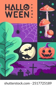 Cartaz de festa plana de Halloween com ágar de mosca, lua cheia, morcego, abóbora de halloween, aranha e cemitério. Dia das Bruxas fundo assustador. Ilustração vetorial