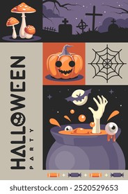 Afiche de fiesta plana de Halloween con mosca agárica, luna llena, murciélago, calabaza de Halloween, poción mágica y cementerio. Fondo espeluznante de Halloween. Ilustración vectorial