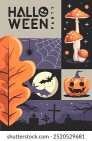 Halloween  flat party poster with fly agaric, full moon, bat, halloween pumpkin, spider and cemetery. Halloween spooky background. Vector illustration