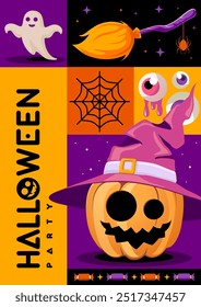 Halloween  flat party poster with ghost, witch broom, bat, halloween pumpkin, spider web and bloody eye. Halloween spooky background. Vector illustration