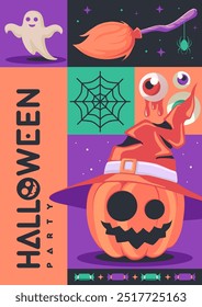 Cartaz de festa plana de Halloween com fantasma, vassoura de bruxa, morcego, abóbora de halloween, teia de aranha e olho sangrento. Dia das Bruxas fundo assustador. Ilustração vetorial